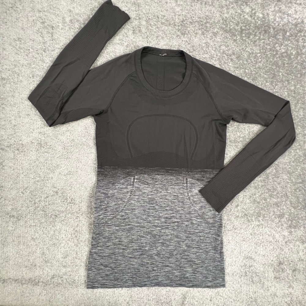 Lululemon Swiftly Tech Long Sleeve Crew Black Grey Ombre Size 8 Thumbholes